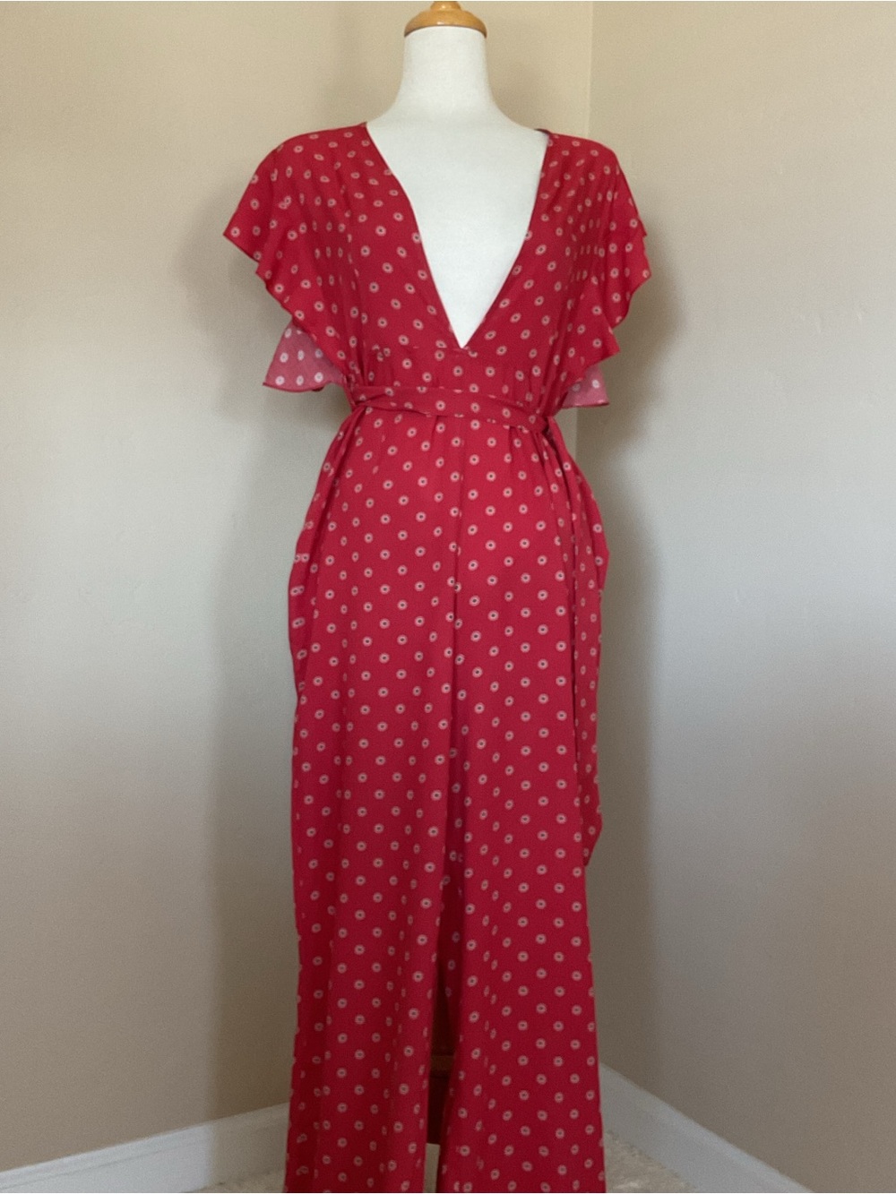 Charlie Holiday Deep V-Neck Red Jumpsuit Size 4